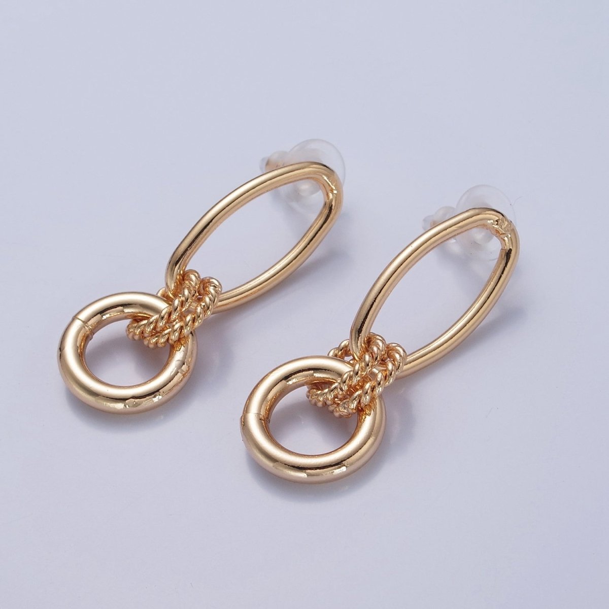 Post Earrings, Gold Hoop Earrings, Post with Hoop, Oval Stud Earring V-394 - DLUXCA