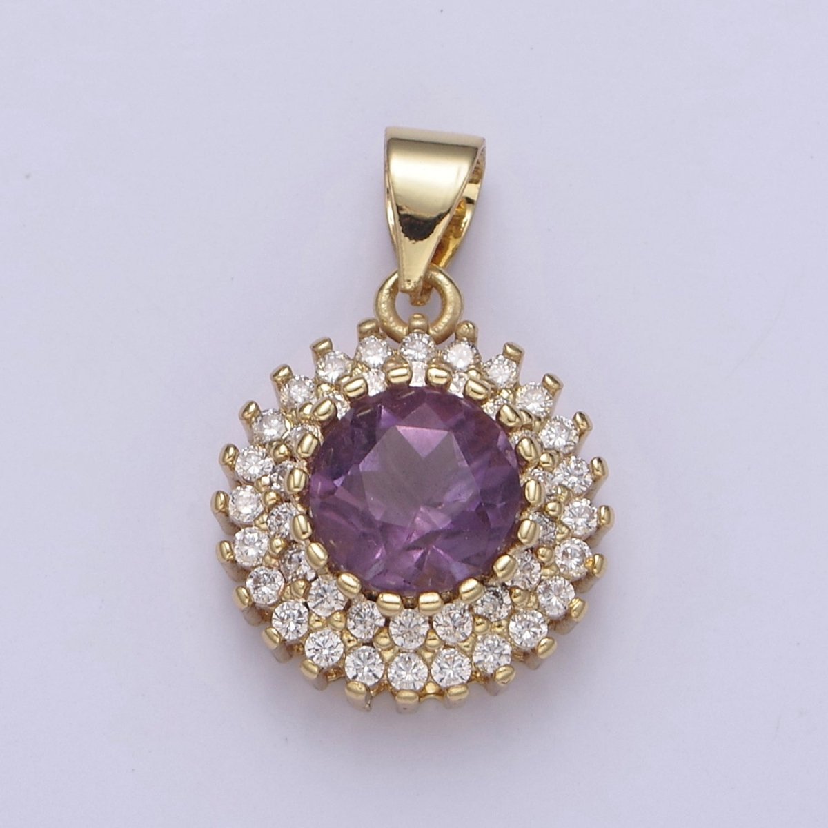 Purple Amethyst Round Charm with Clear Cubic Zircon Pendant for Minimalist Jewelry Gemstone H-835 - DLUXCA