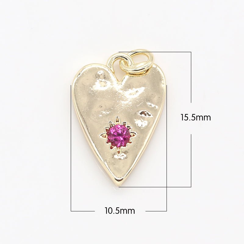 Purple Crystal Stone on Golden Heart Rustic Coin Charm CZ Stone Geometric Love Heart Shape Gold Medallion Charm Pendant GP-030 - DLUXCA