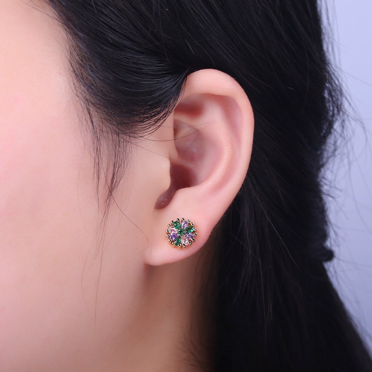 Purple Green Cz Sun Flower Stud Earring V-115 - DLUXCA