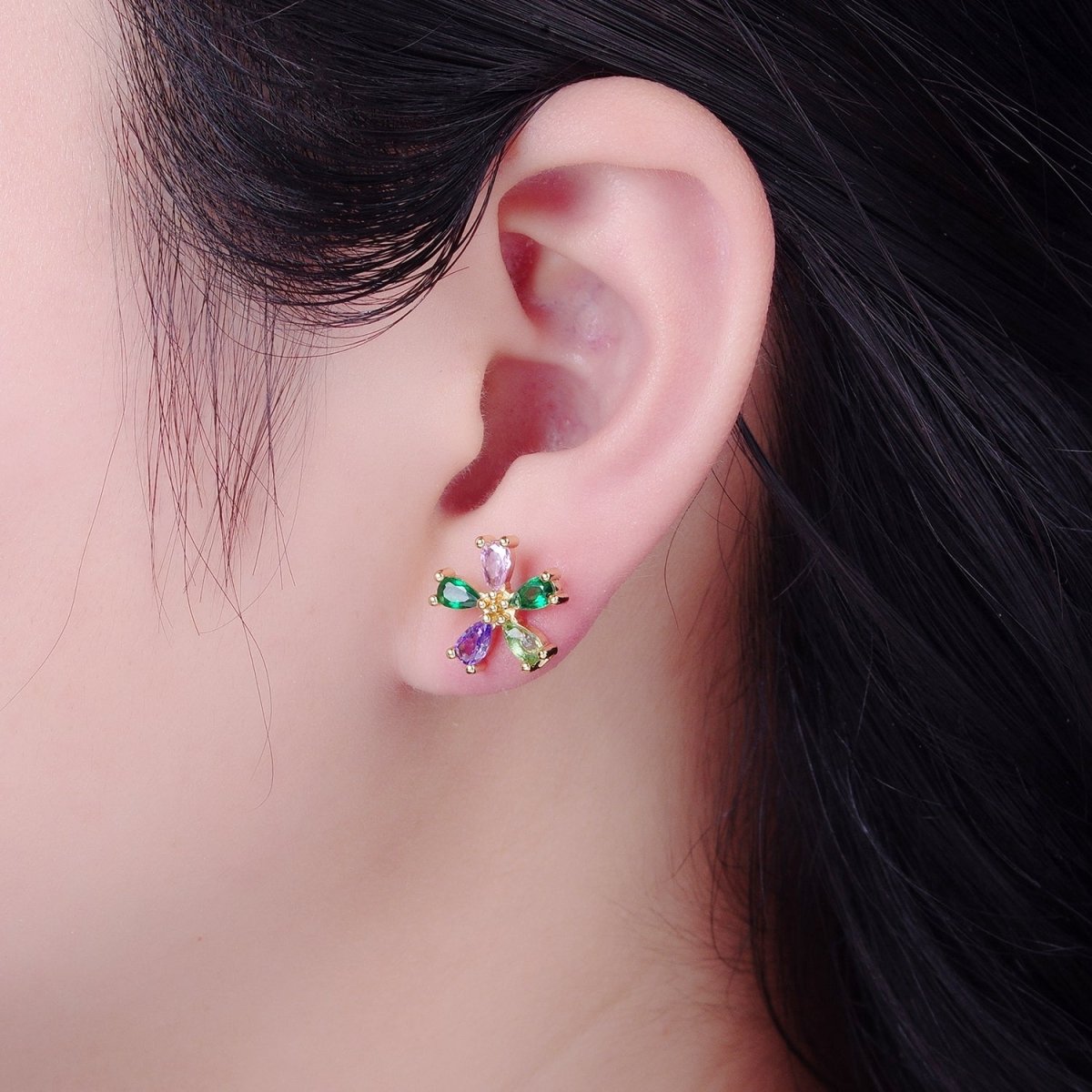 Purple Green Pink Cz Stone Flower Stud Earring T-521 - DLUXCA