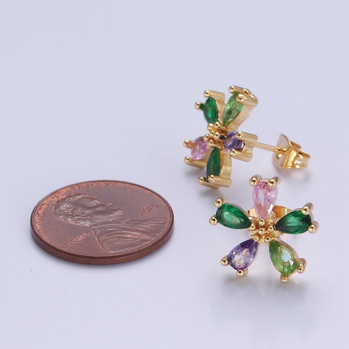 Purple Green Pink Cz Stone Flower Stud Earring T-521 - DLUXCA