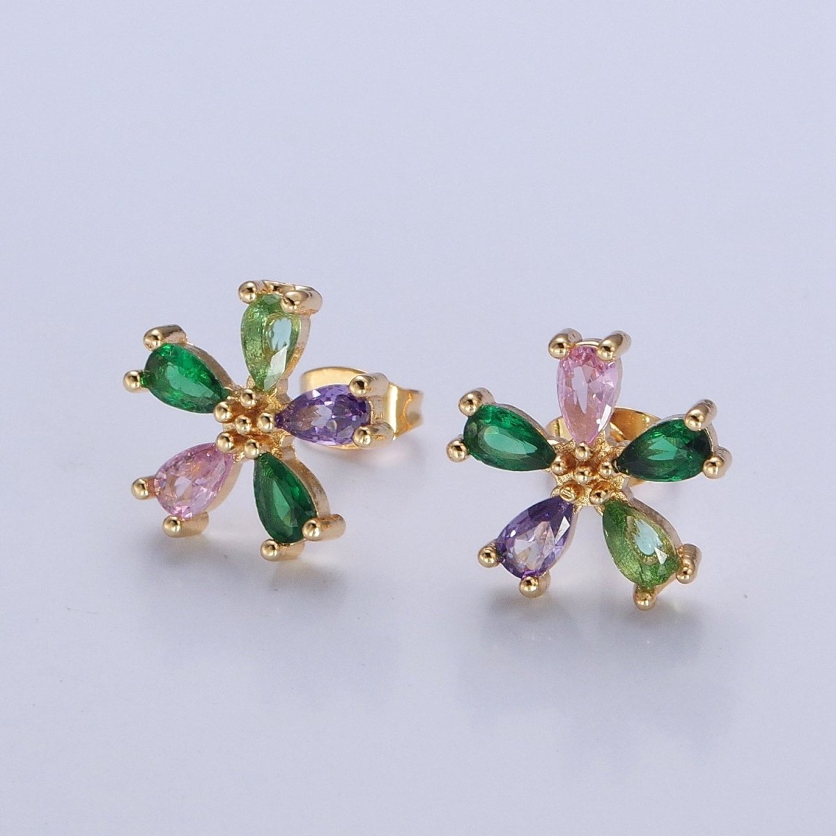 Purple Green Pink Cz Stone Flower Stud Earring T-521 - DLUXCA
