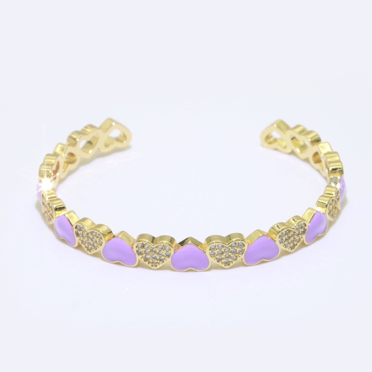 Purple Heart Enamel 14k Gold Filled Adjustable Bangle, Gold Cuff Bangle Bracelet Micro Pave Jewelry - DLUXCA