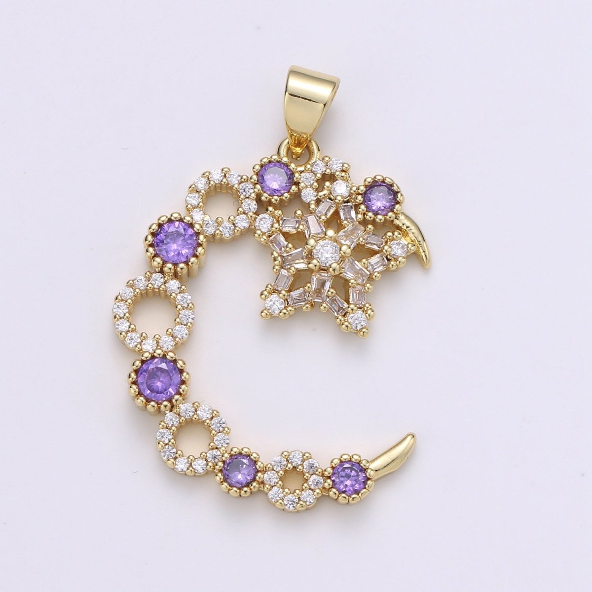 Purple Lilac Crystal Gold Filled Moon and Star Pendants J-197 - DLUXCA