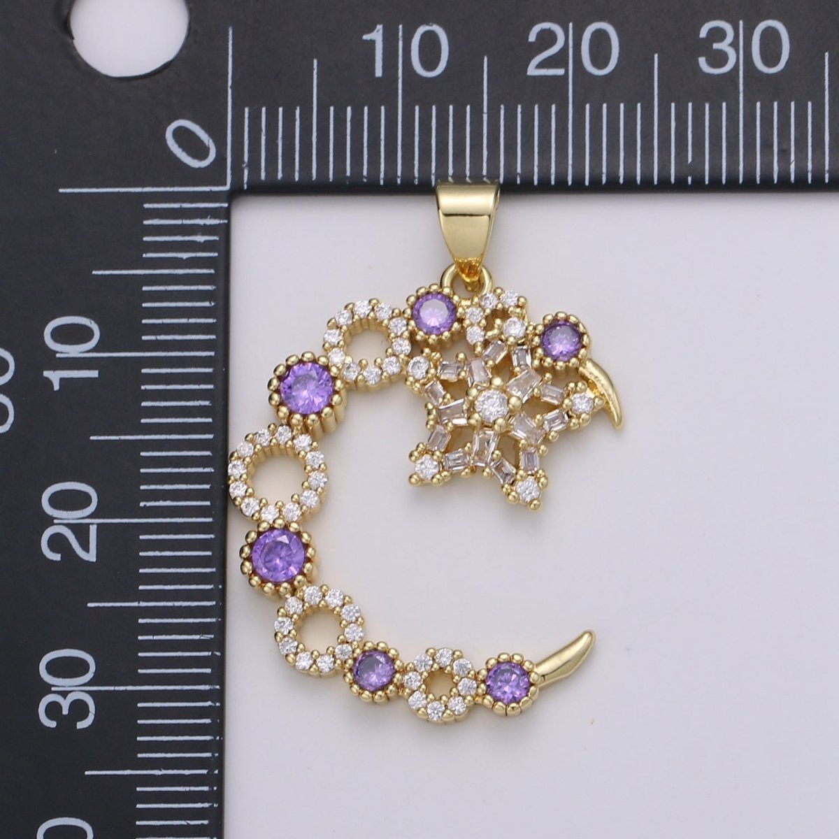 Purple Lilac Crystal Gold Filled Moon and Star Pendants J-197 - DLUXCA