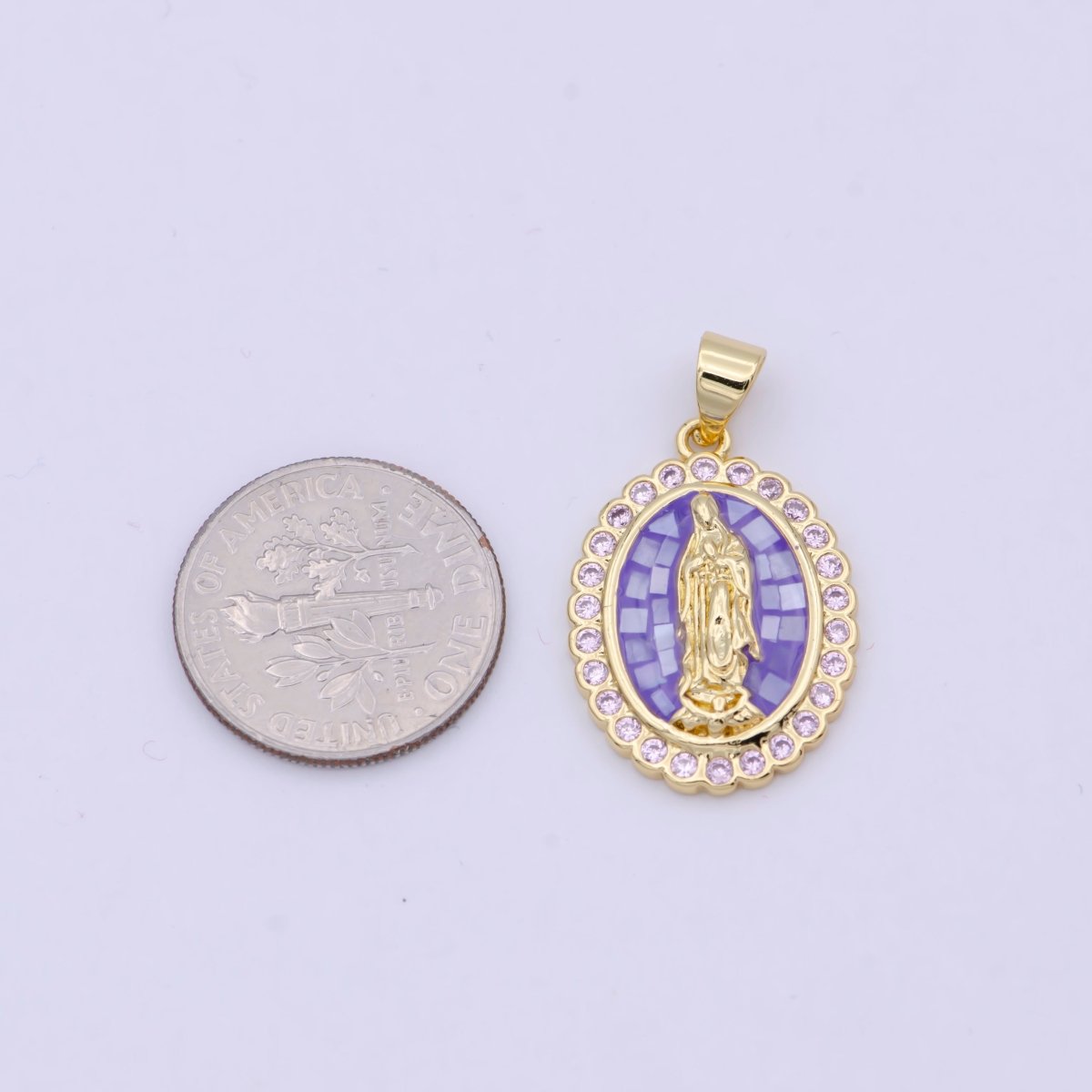 Purple Opal Miraculous Lady Charm for Necklace, Dainty Lady of Guadalupe Pendant for Religious Jewelry Making Supply in Gold Filled N-621 - DLUXCA