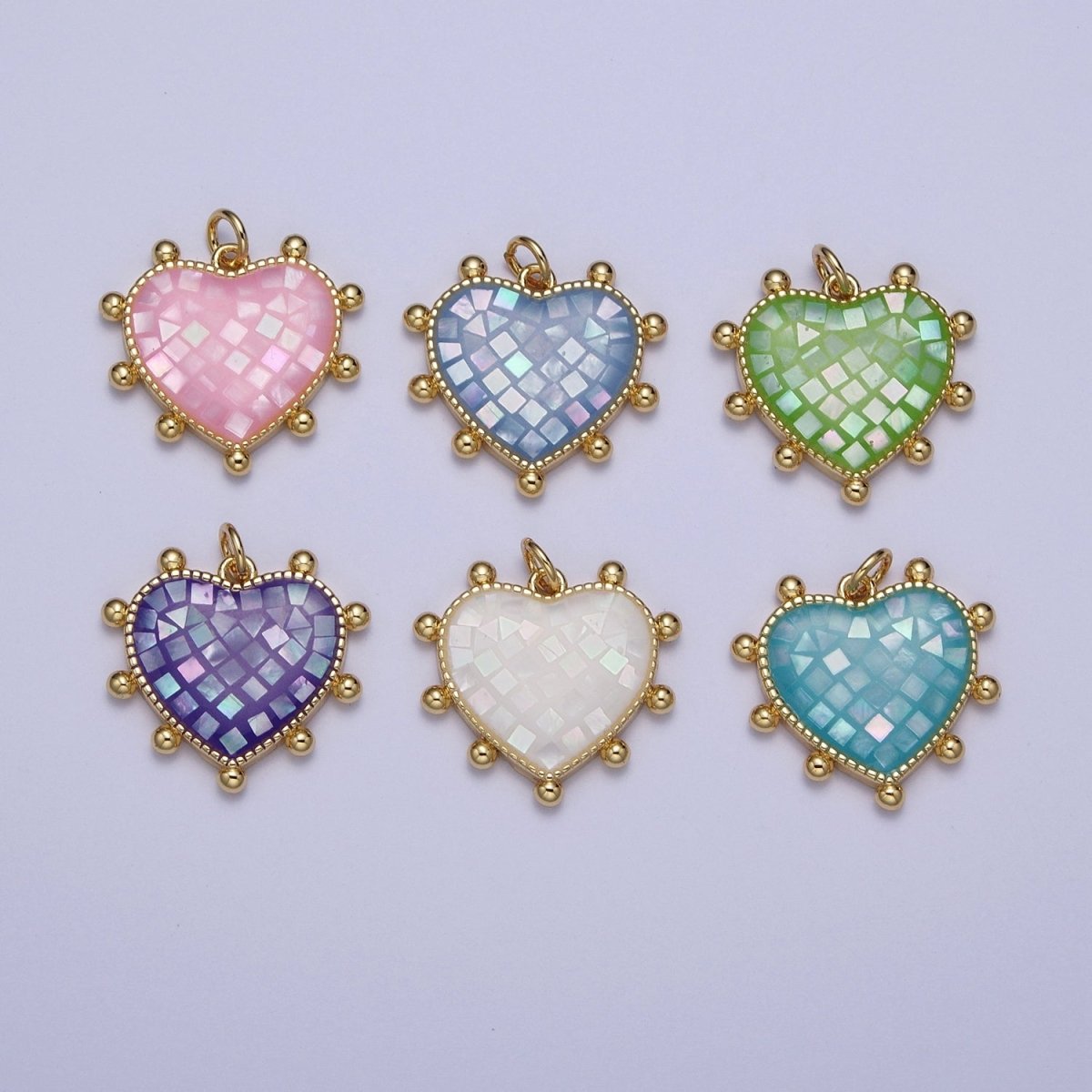 Purple, White, Pink, Teal, Green, Blue Shell Opal Beaded Heart Love Charm For Jewelry Making AG-062~AG-067 - DLUXCA