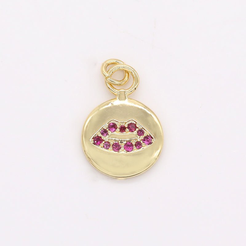 Purple Zirconia Lip on Golden Rustic Coin Charm CZ Crystal Talking Lip Mouth Gold Plated Charm Pendant GP-247 - DLUXCA