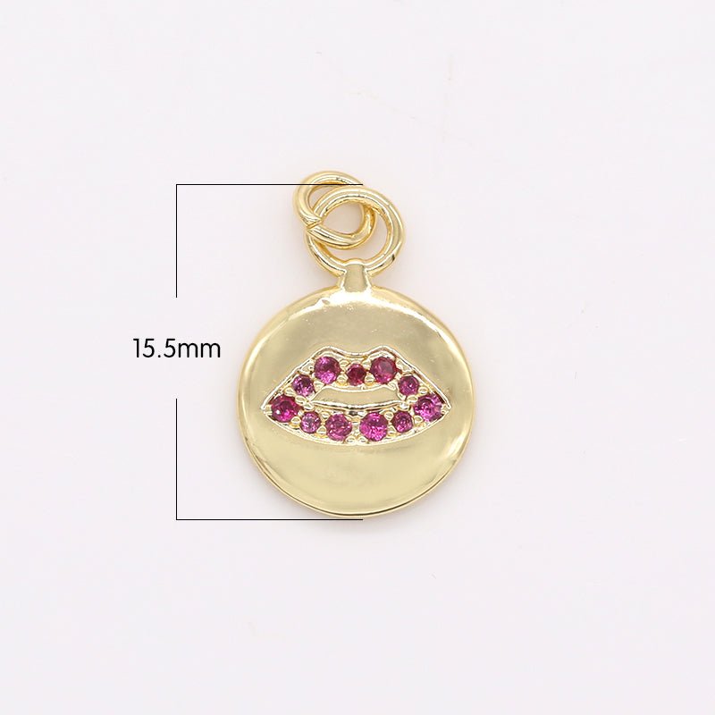 Purple Zirconia Lip on Golden Rustic Coin Charm CZ Crystal Talking Lip Mouth Gold Plated Charm Pendant GP-247 - DLUXCA