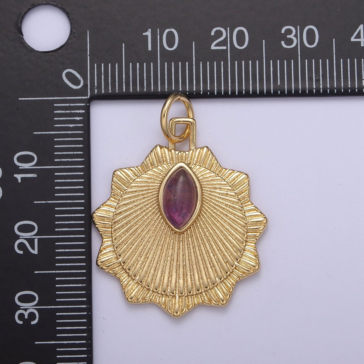 Radial Sun Token Medallion Charm Pendant for Necklace with Amethyst Gemstone N-399 - DLUXCA
