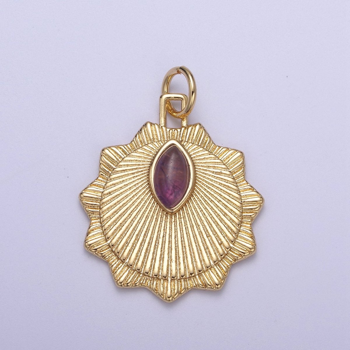 Radial Sun Token Medallion Charm Pendant for Necklace with Amethyst Gemstone N-399 - DLUXCA