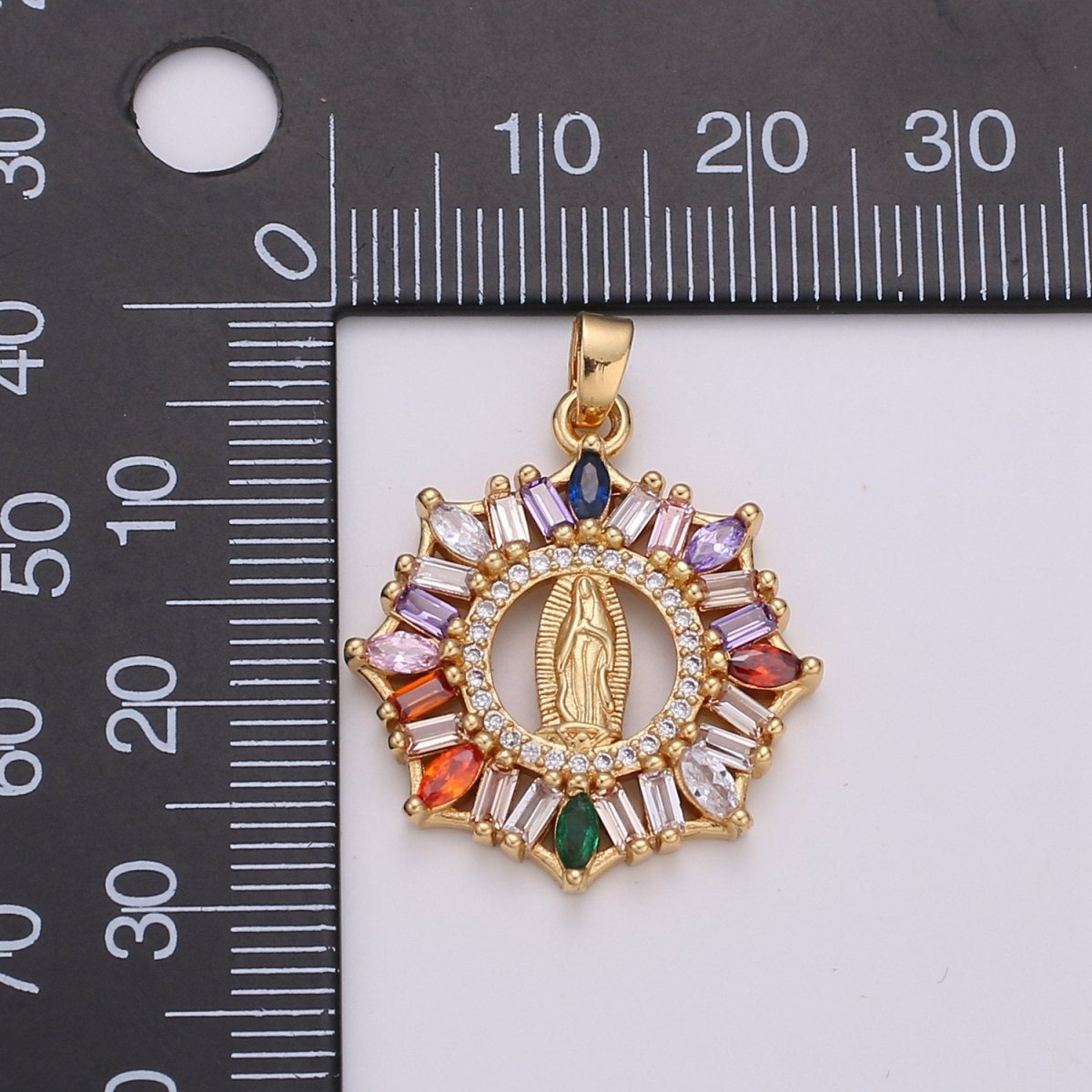 Rainbow 24K Gold Filled CZ Virgin Mary Pendant, Lady Guadalupe Baguette Charm, Mother of Jesus Medallion, Rosary Charm Religious Jewelry J-088 I-882 - DLUXCA