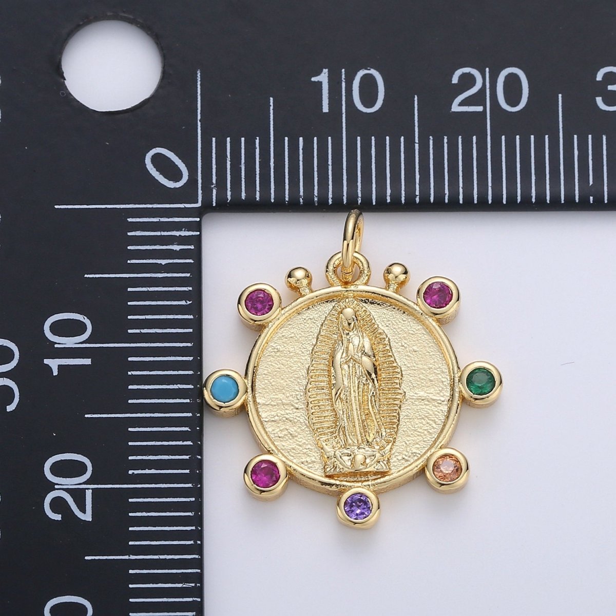 Rainbow 24K Gold Filled CZ Virgin Mary Pendant, Lady Guadalupe Round Disc Charm Mary Medallion, Rosary Charm Religious Jewelry D-685 - DLUXCA