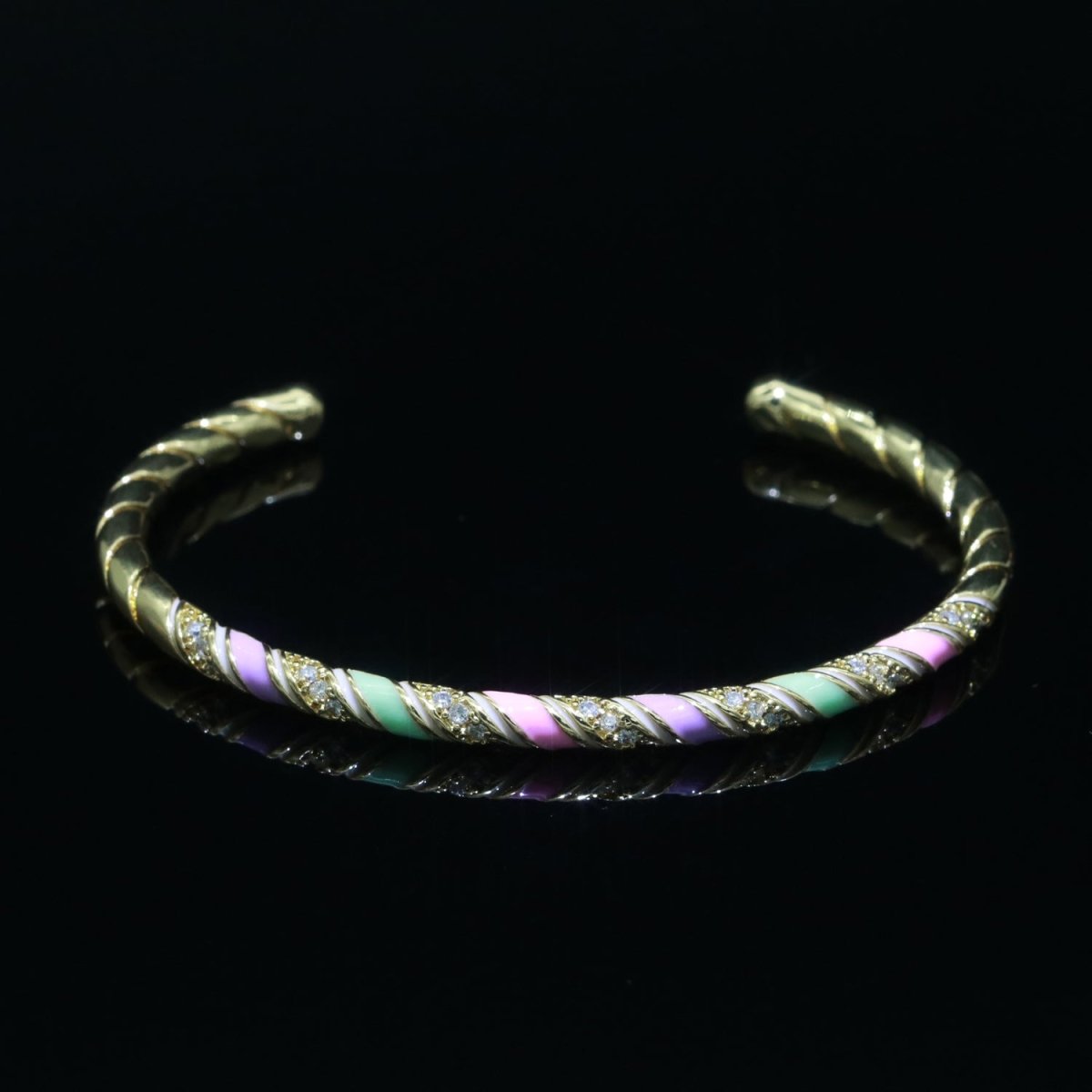 Rainbow Colorful Pastel Enamel Geometric Swirl Gold Filled Bangle Open Adjustable Bracelet Vintage Style Inspired | WA-121 Clearance Pricing - DLUXCA
