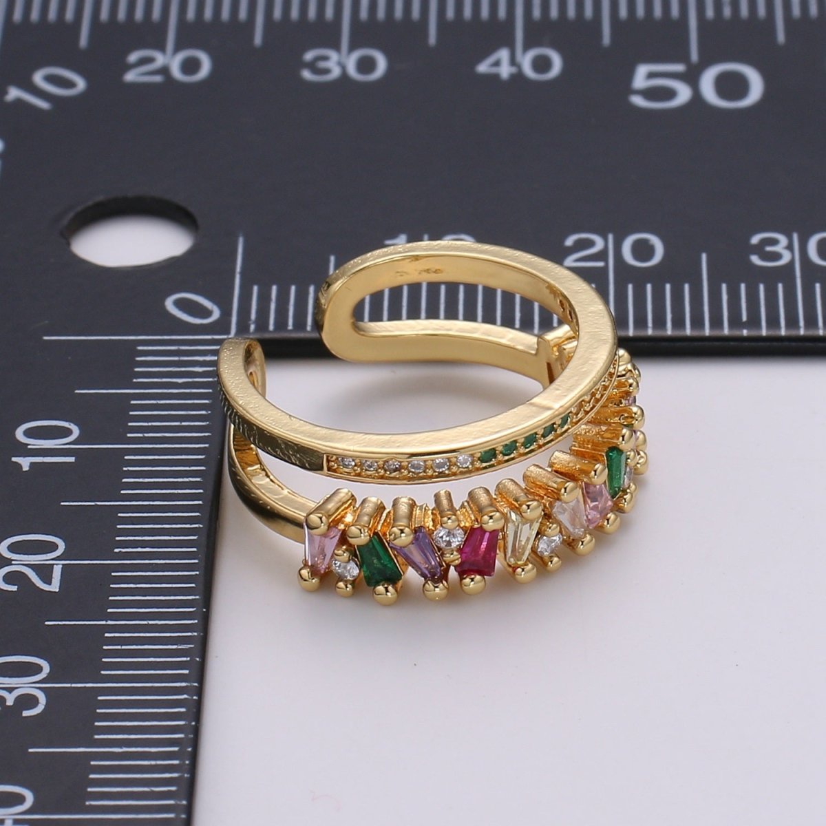 Rainbow Cz Double Baguette Ring, Open Ring Adjustable Ring, Double Band Ring, Wholesale Ring, Gold Jewelry gift for Birthday Ring-447 - DLUXCA