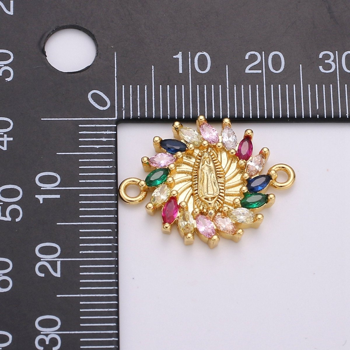 Rainbow CZ paved Gold Virgin Mother Mary Connectors, Catholic Baptism Lady Guadalupe Charm, Medallion Religious Jewelry Craft Supply F-425 - DLUXCA