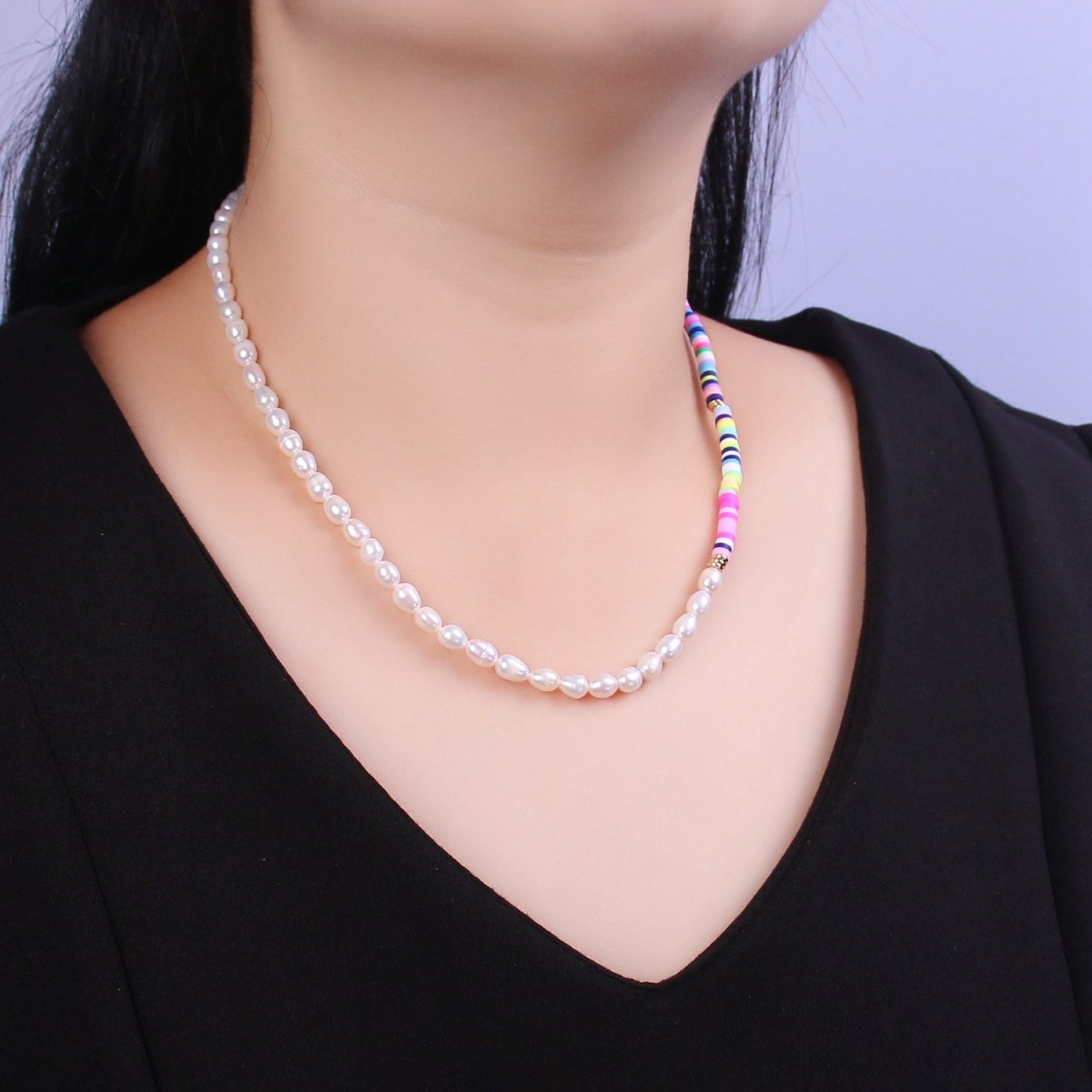 Rainbow Heishi Bead Freshwater Pearl Beaded Necklace, Beaded Necklace, Pearl Necklace, Gifts for Her/ Him | WA-461 Clearance Pricing - DLUXCA