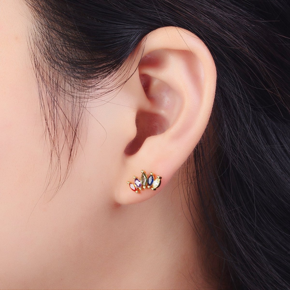 Rainbow Multicolor Marquise CZ Fan Lined Gold Stud Earrings | X-912 - DLUXCA