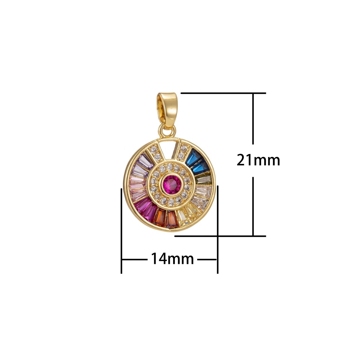 Rainbow Round Charm CZ Micro Pave, Disc Charm, Multi Color Pave Charm , Dainty Charms, Cubic Bracelet Earring Necklace Charm 21x14mm I-335 - DLUXCA