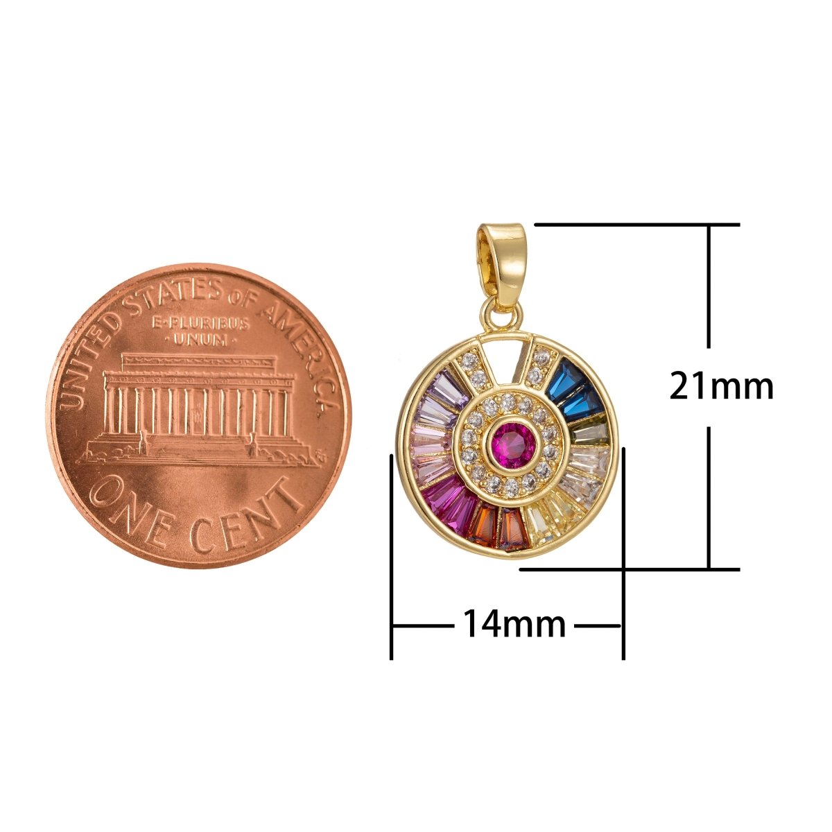 Rainbow Round Charm CZ Micro Pave, Disc Charm, Multi Color Pave Charm , Dainty Charms, Cubic Bracelet Earring Necklace Charm 21x14mm I-335 - DLUXCA