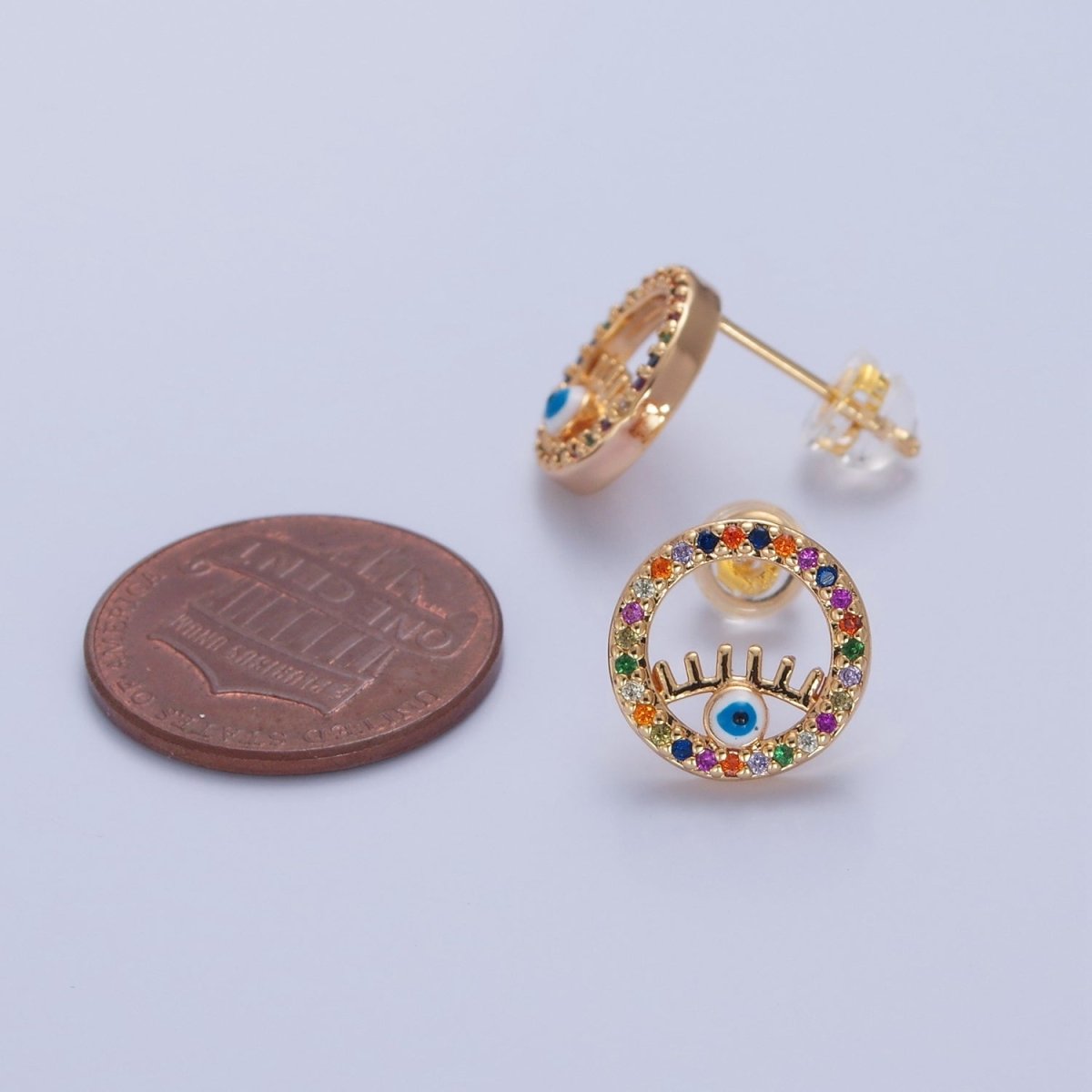 Rainbow Round Stud Earring Evil Eye Stud Earring T-475 - DLUXCA