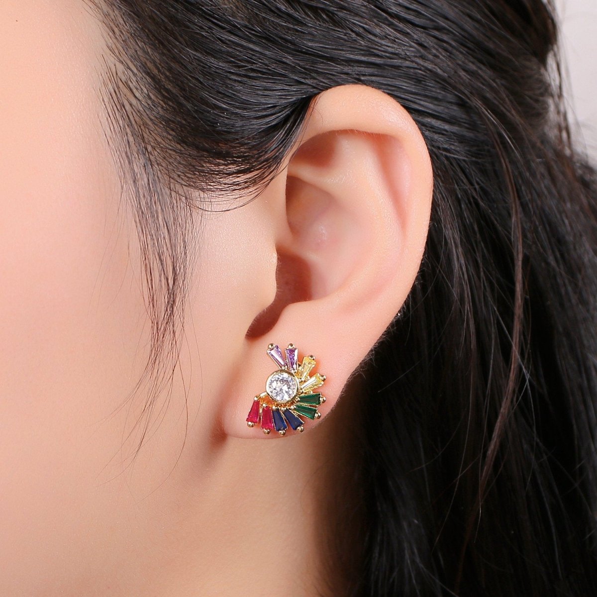 Rainbow stud earrings Gold Multi Color Cz earrings, dainty Earrihng studs, tiny studs gold, tiny earrings, Multi Color studs Q-264 - DLUXCA