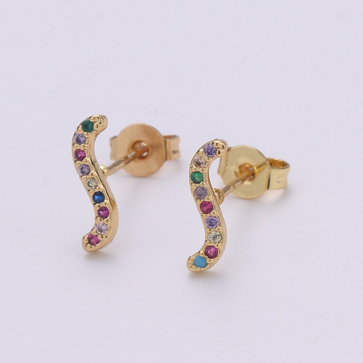 Rainbow Tiny CZ Wave Stud Earrings Dainty Multi Color S Curve Stud Earring Gold Minimalist Jewelry Gift For her christmas gift Q-251 - DLUXCA