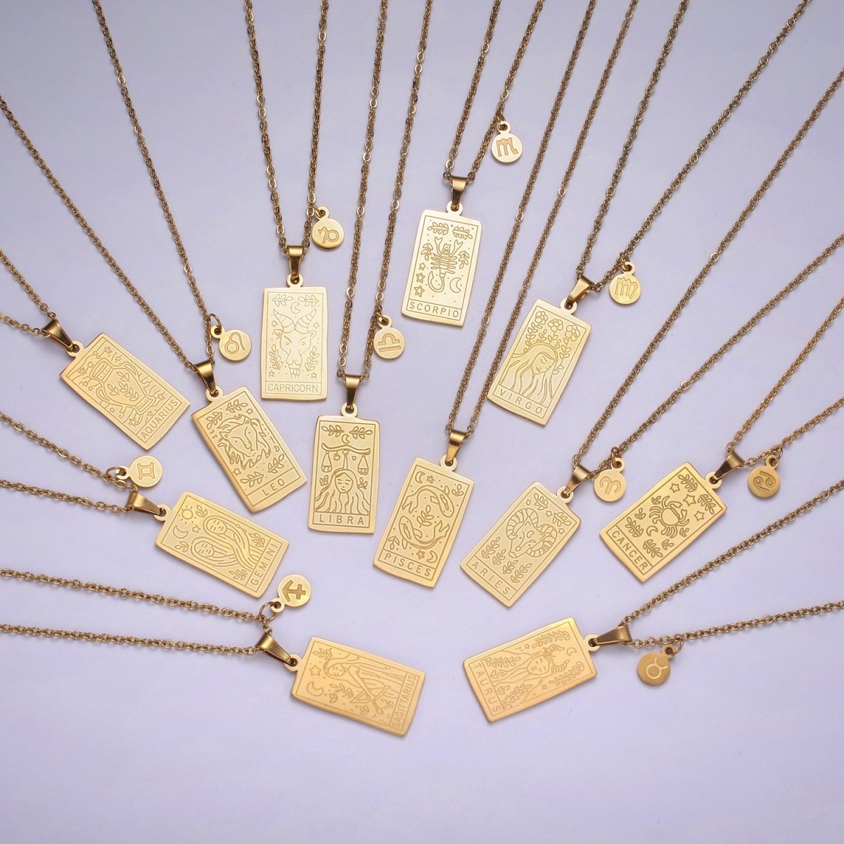 Rectangle Tag Gold Constellation Zodiac Charms Necklace Astrology Zodiac Necklace Charms, 12 Zodiac Charms Ready to Wear Necklace for Personalized Jewelry Wholesale | WA-551 to WA-562 Clearance Pricing - DLUXCA
