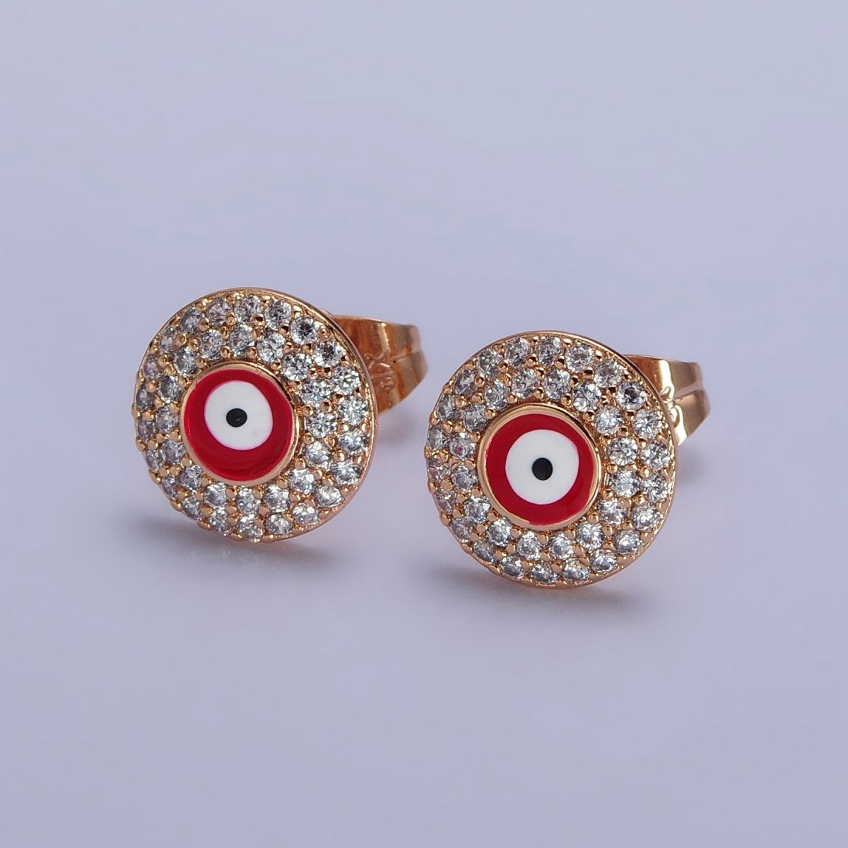 Red, Blue Evil Eye Enamel Clear Micro Paved CZ Round Stud Earrings | AB226 AB227 - DLUXCA