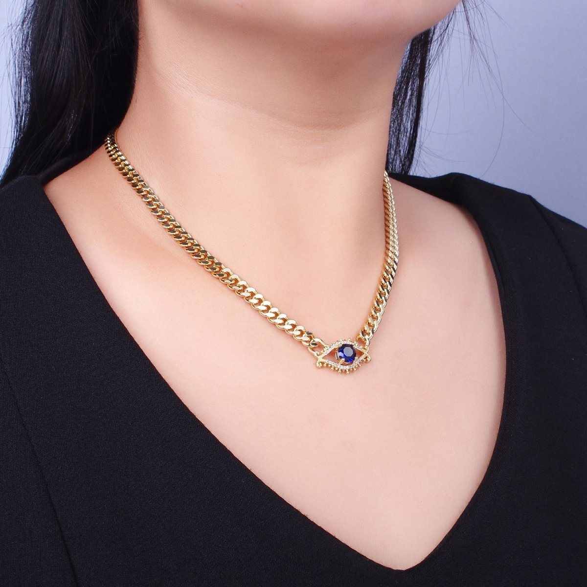 Red, Blue Micro Paved Evil Eye of Ra 18 Inch Gold Curb Chain Necklace | WA-1410 WA-1411 Clearance Pricing - DLUXCA