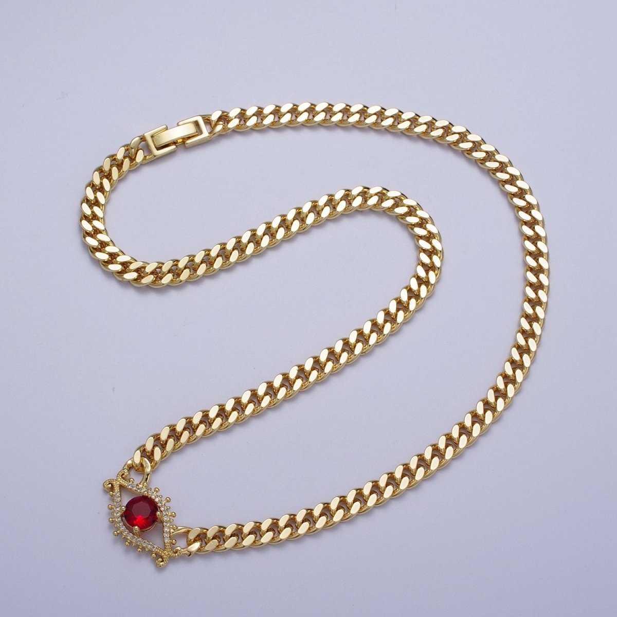 Red, Blue Micro Paved Evil Eye of Ra 18 Inch Gold Curb Chain Necklace | WA-1410 WA-1411 Clearance Pricing - DLUXCA