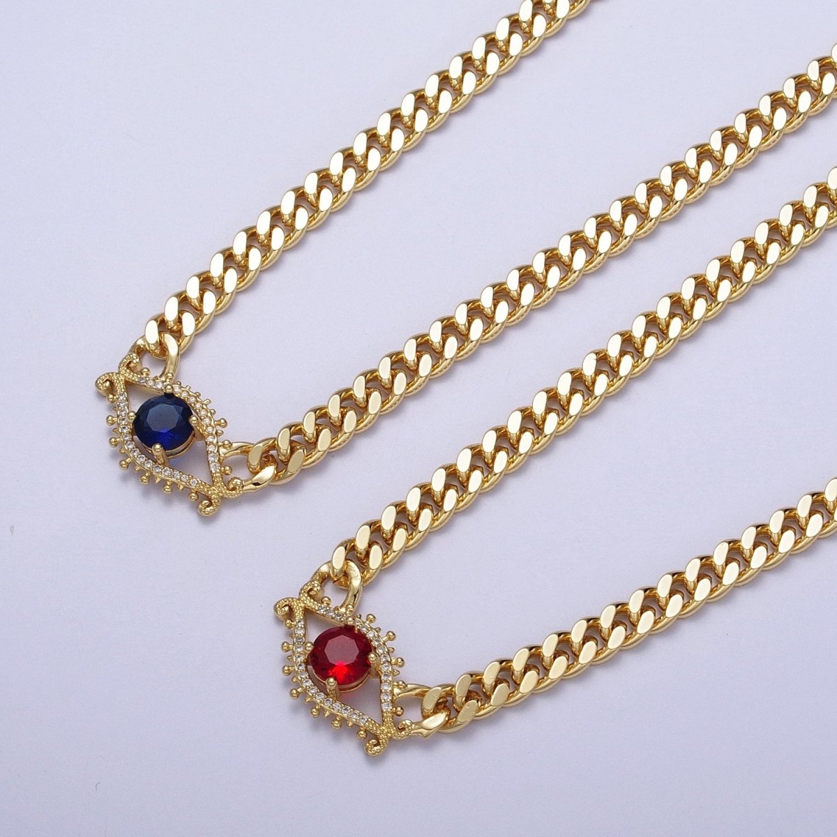 Red, Blue Micro Paved Evil Eye of Ra 18 Inch Gold Curb Chain Necklace | WA-1410 WA-1411 Clearance Pricing - DLUXCA