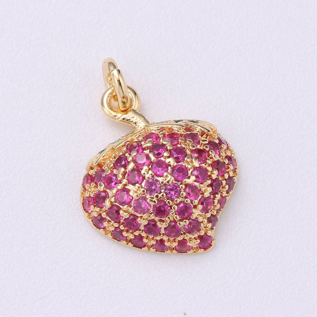 Red CZ Micro Pave Strawberry Charm, Cubic Zirconia Pave Fruit Pendant Charm, Micro Pave Fruits Charm in 18k gold filledC-418 - DLUXCA