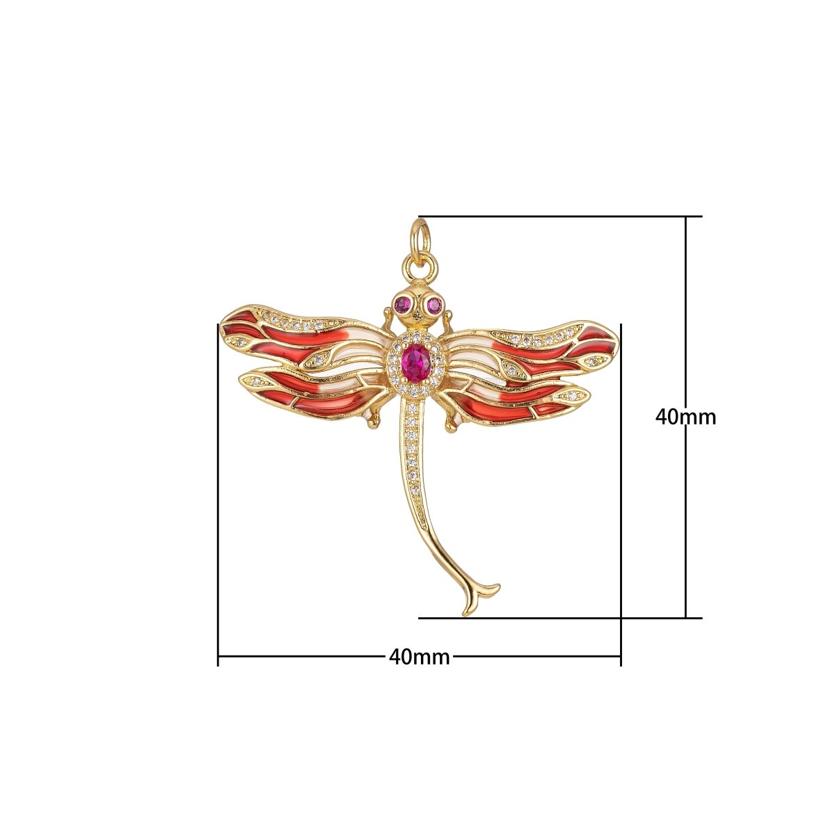 Red Dragonfly Pendant - Large Gold Dragon Fly Charm- Cubic Animal Pendant E-902 - DLUXCA