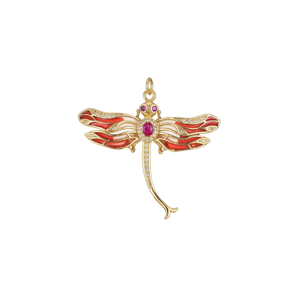 Red Dragonfly Pendant - Large Gold Dragon Fly Charm- Cubic Animal Pendant E-902 - DLUXCA