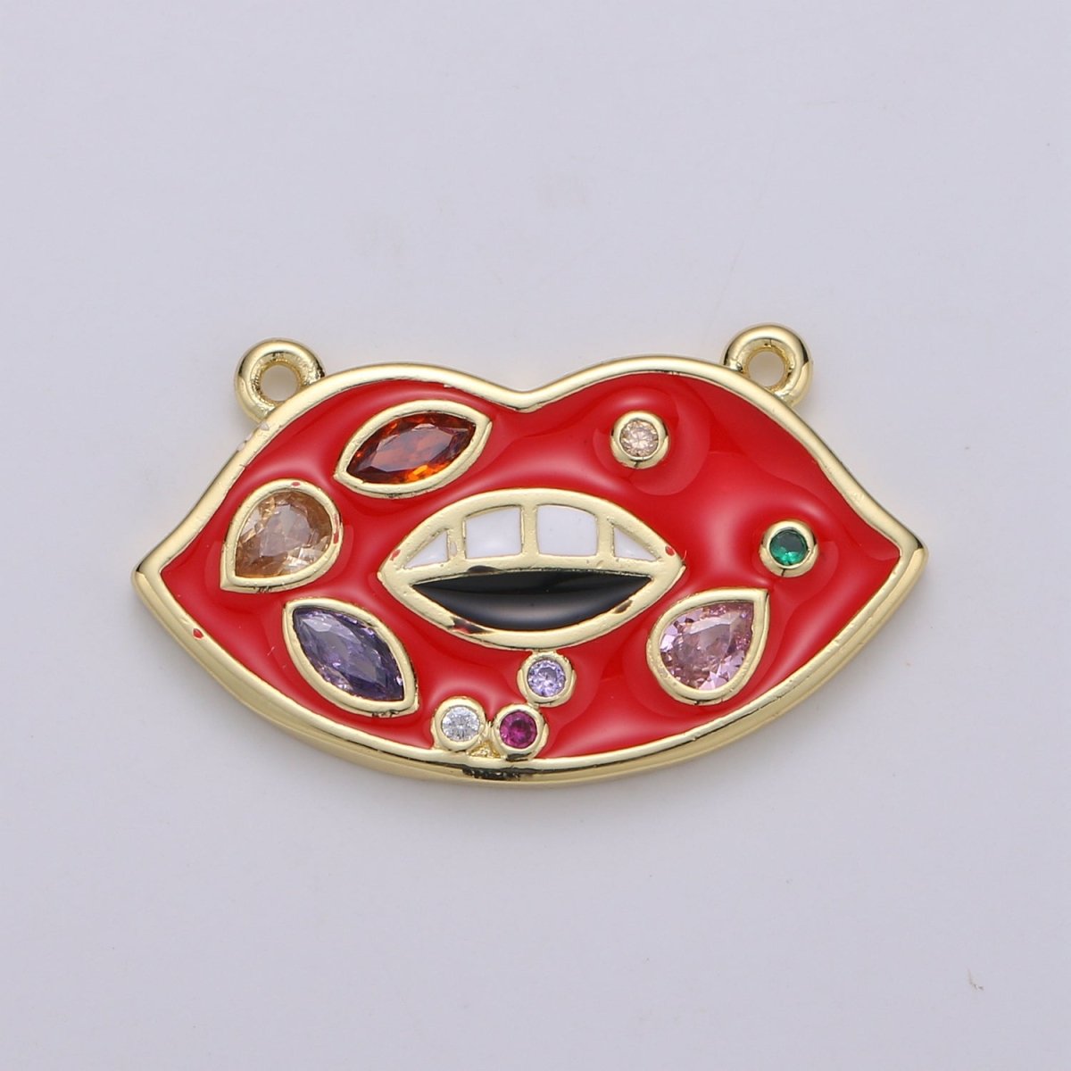 Red Enamel Lips charm w/ Cubic Zirconia, Pink Lips Charm, 24K Gold Filled Charm Rock Star Charm Necklace F-527 F-528 - DLUXCA