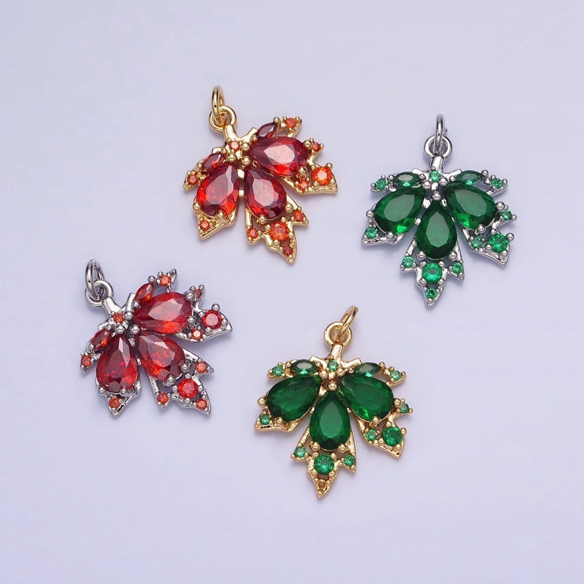 Red, Green Autumn Maple Leaf Teardrop Add-On CZ Charm in Gold & Silver | AC600, AC619 - DLUXCA