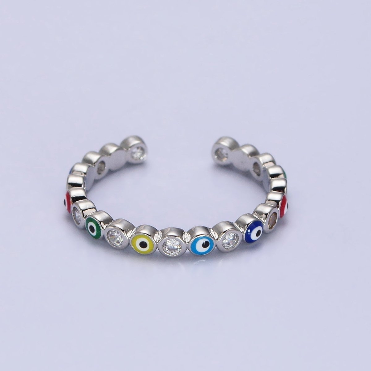 Red, Multicolor, Black, Green, Pink Clear CZ Enamel Evil Eye Adjustable Ring in Gold & Silver | Y-570 ~ Y-572,Y-595 ~ Y-599 - DLUXCA