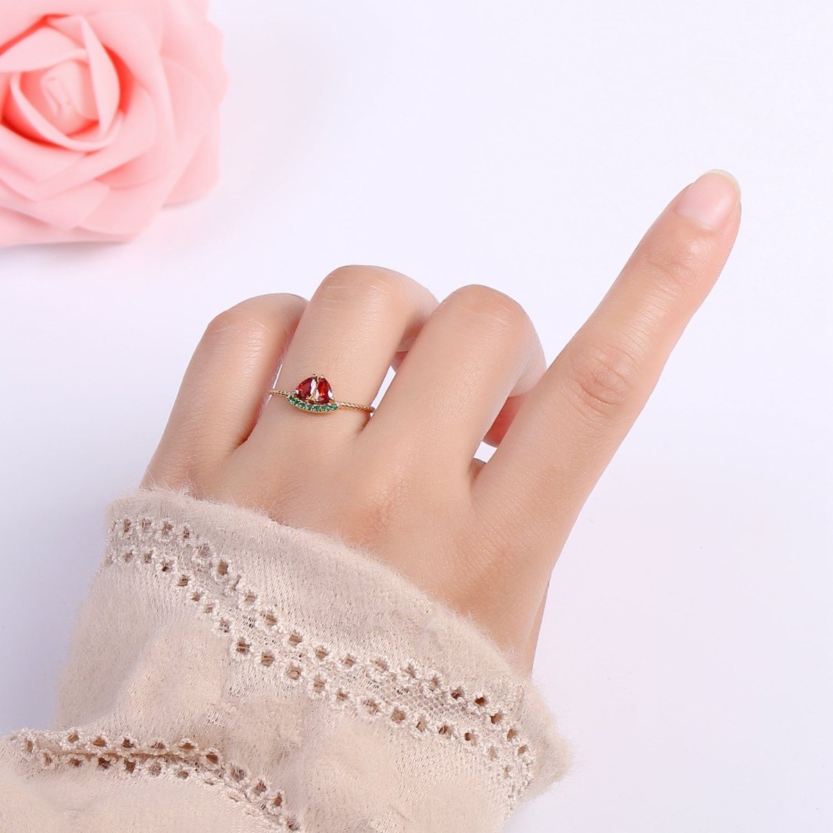 Red Watermelon Gold Filled Adjustable Ring - R493 - DLUXCA