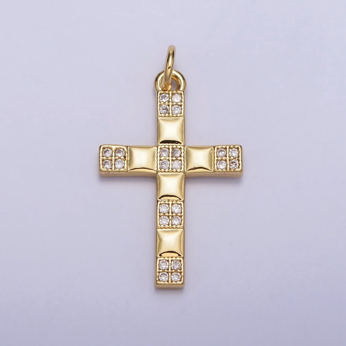 Religious Cross Checkered Gold Clear Micro Paved CZ Gold Charm | AC220 - DLUXCA