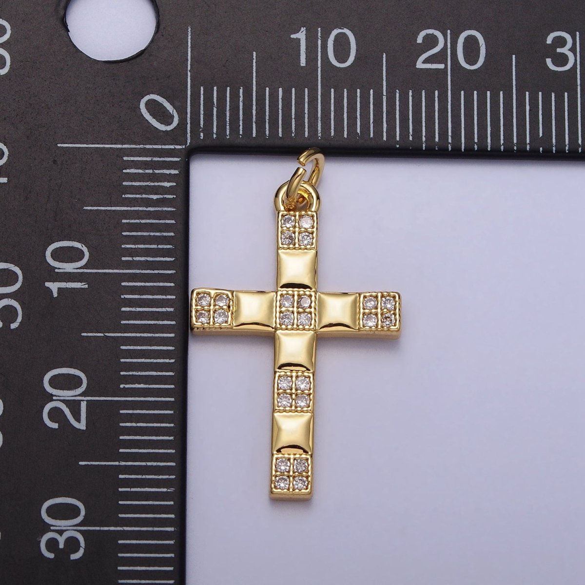 Religious Cross Checkered Gold Clear Micro Paved CZ Gold Charm | AC220 - DLUXCA