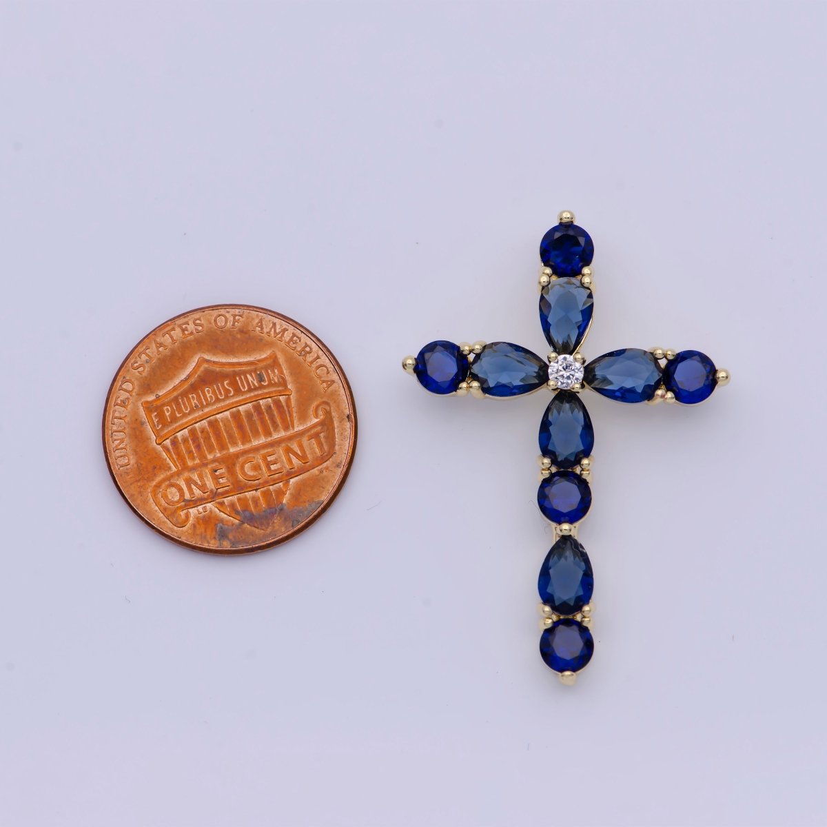 Religious Gold Cross Blue/Green Round Teardrop Cubic Zirconia Pendant Slider For Necklace | X-500 X-501 - DLUXCA