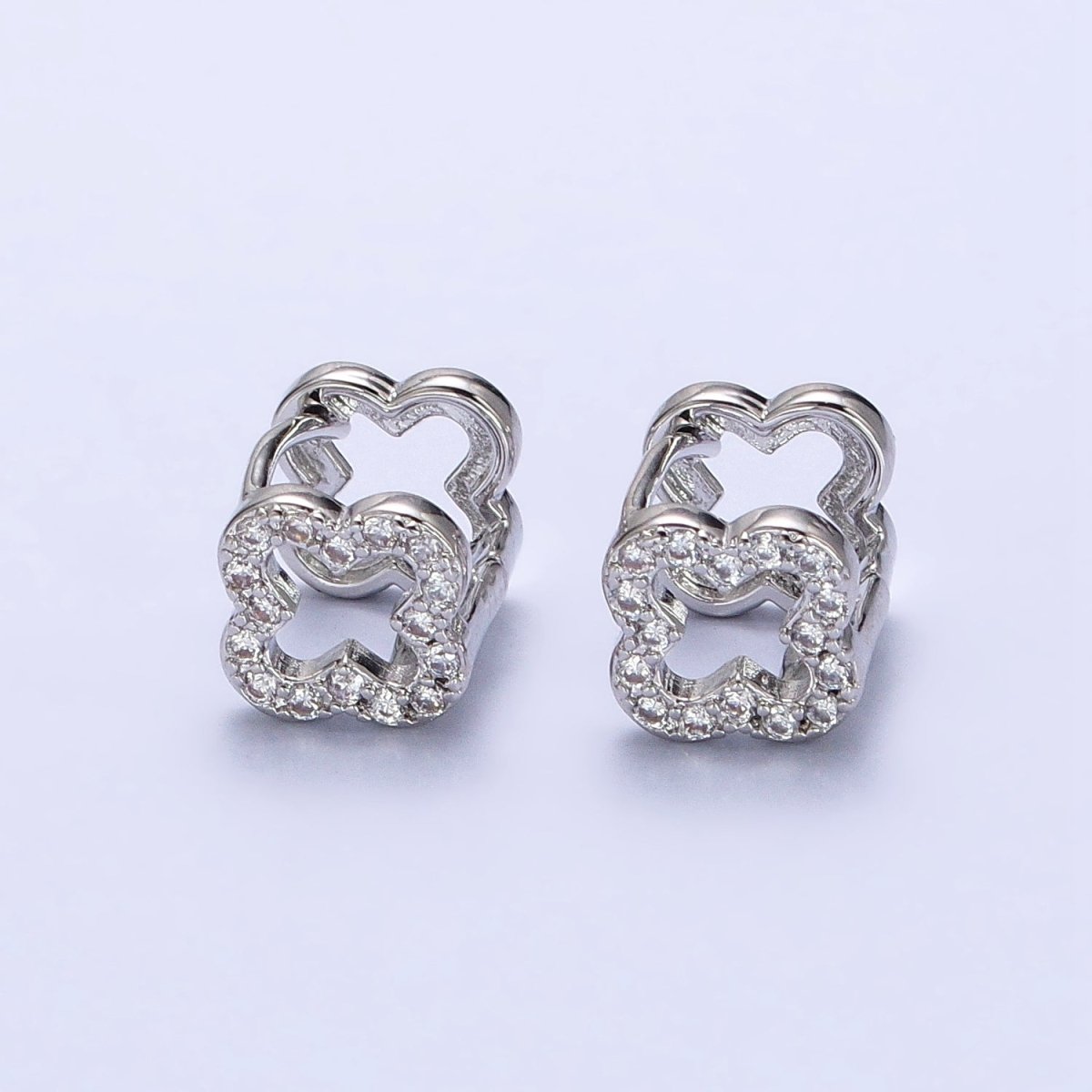 Rhodium Plated 10mm Micro Paved CZ Open Quatrefoil Clover Huggie Earrings | AB467 - DLUXCA