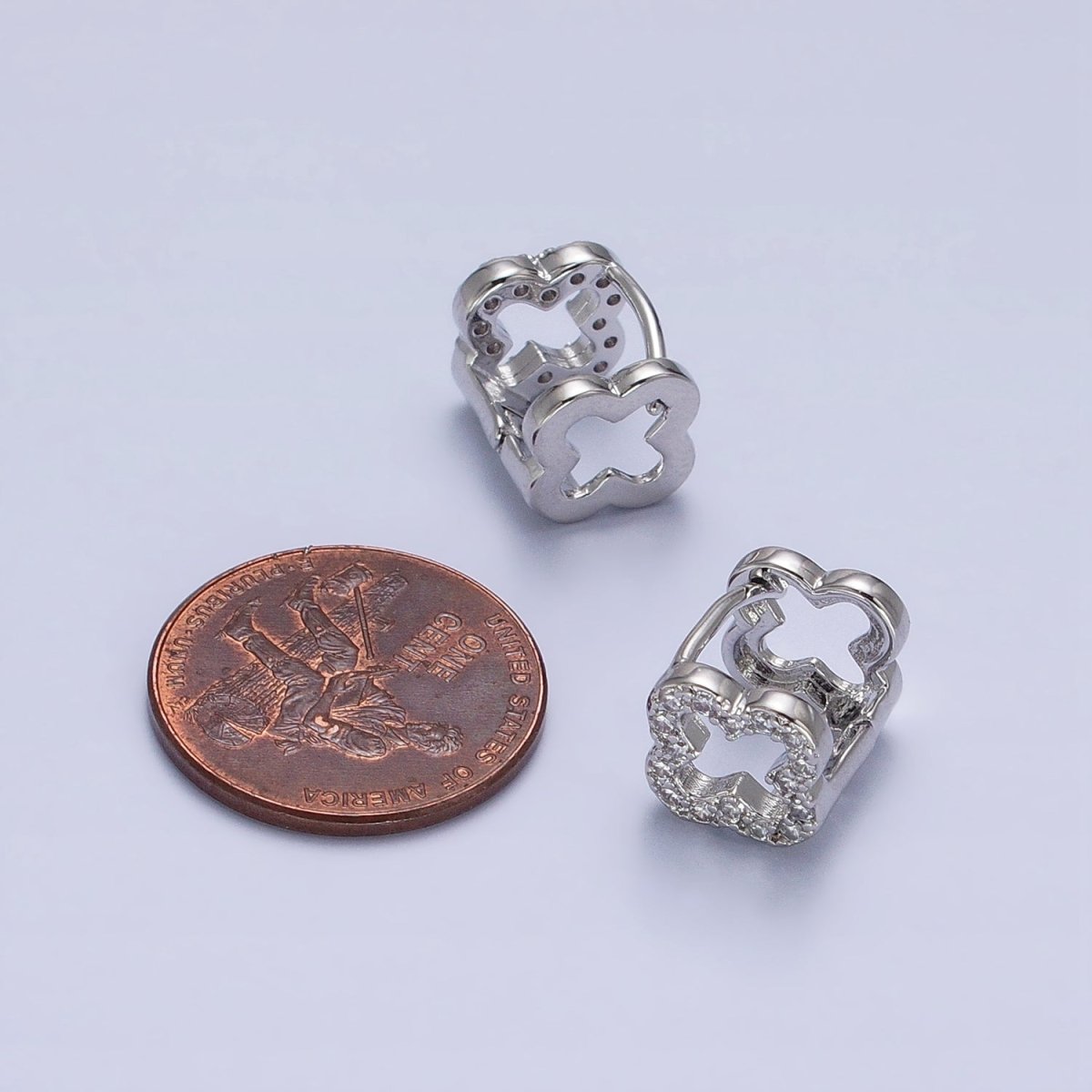 Rhodium Plated 10mm Micro Paved CZ Open Quatrefoil Clover Huggie Earrings | AB467 - DLUXCA