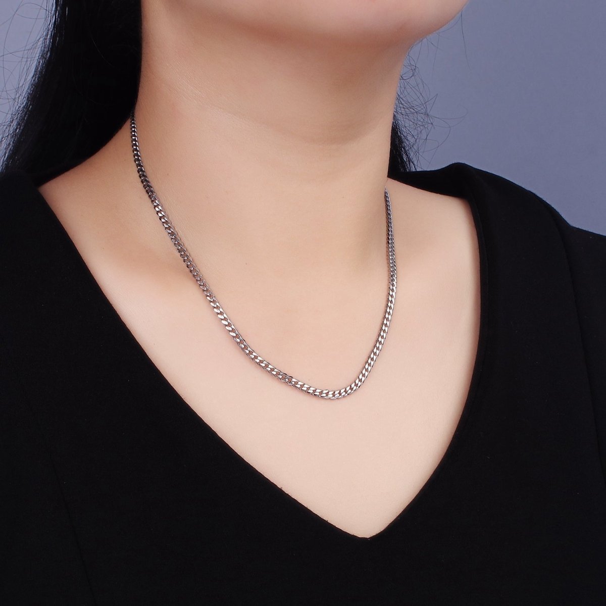 Rhodium Plated 3.5mm Concave Flat Curb 18 Inch Layering Chain Necklace | WA-2316 Clearance Pricing - DLUXCA