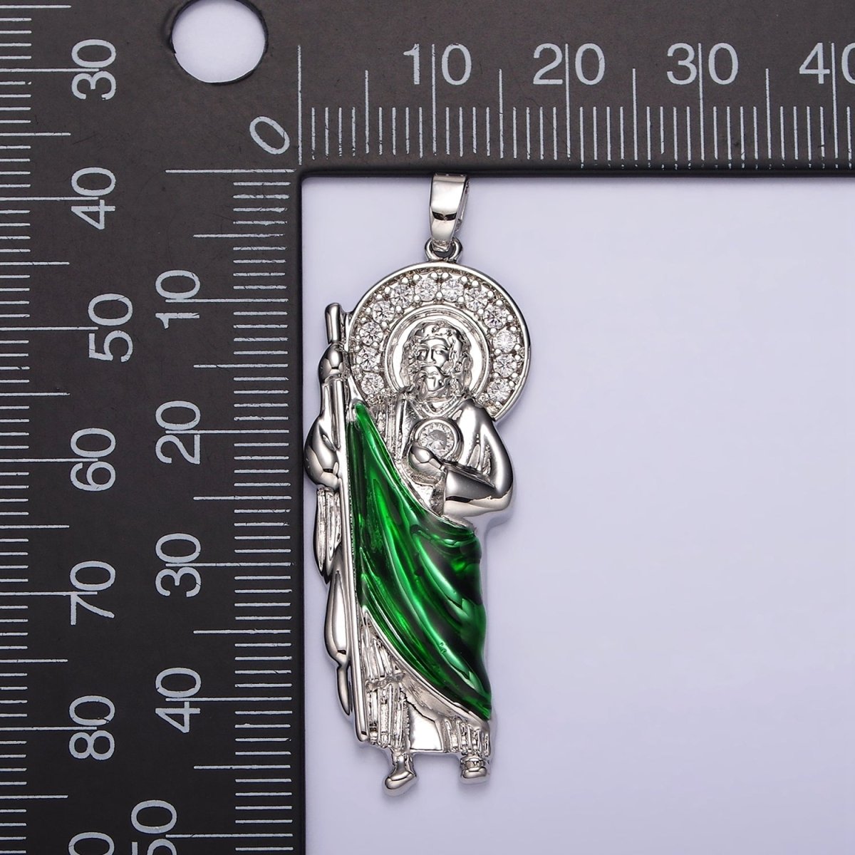 Rhodium Plated 45mm, 35mm Saint Jude Religious Micro Paved CZ Pendant | N1863 N1864 - DLUXCA