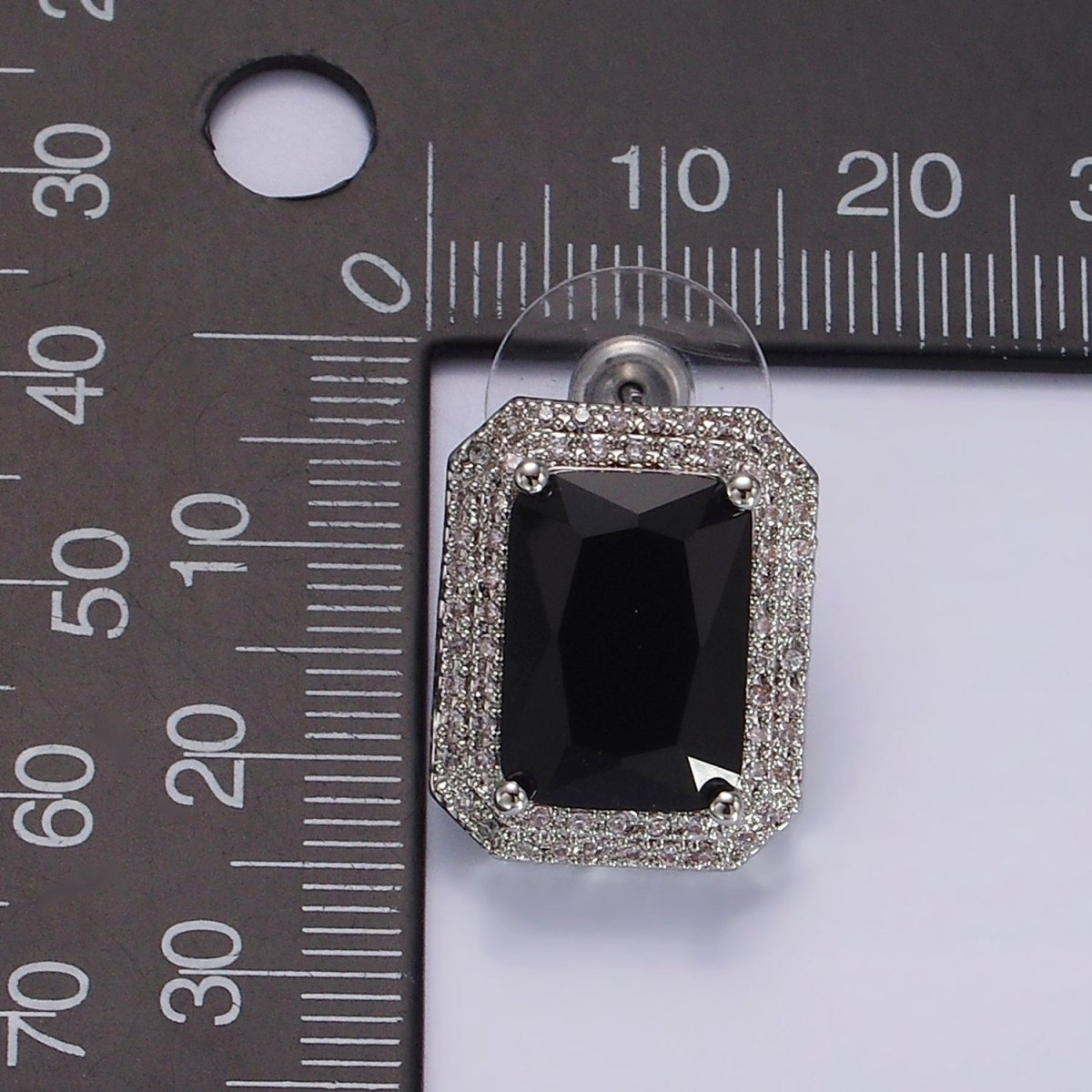 Rhodium Plated Black Baguette CZ Micro Paved Stud Earrings | V289 - DLUXCA