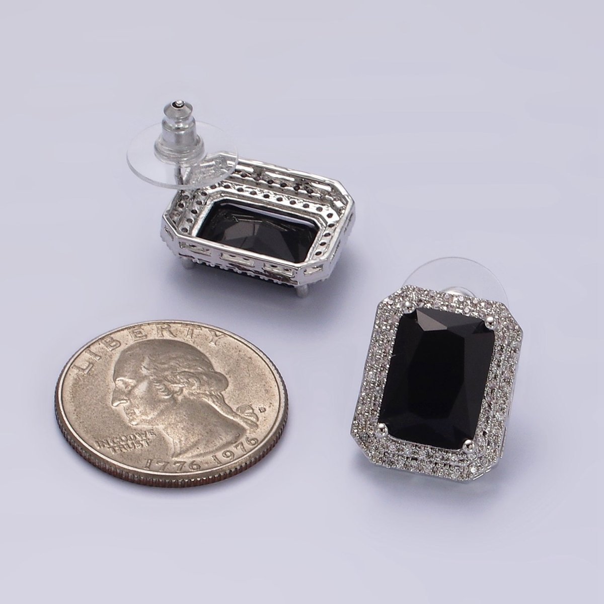 Rhodium Plated Black Baguette CZ Micro Paved Stud Earrings | V289 - DLUXCA
