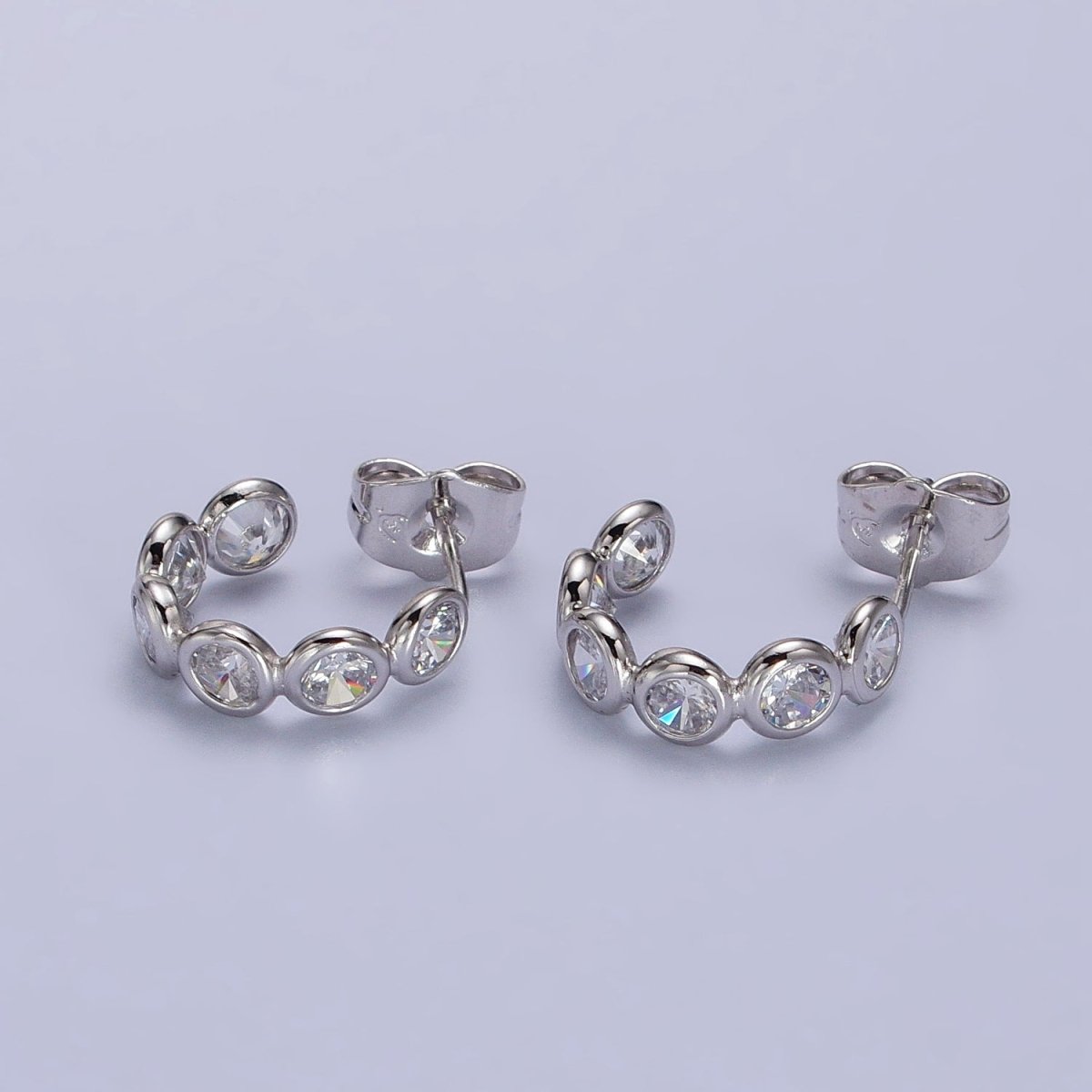 Rhodium Plated Clear CZ Round Lined C-Shaped Hoop Silver Earrings | AB1074 - DLUXCA